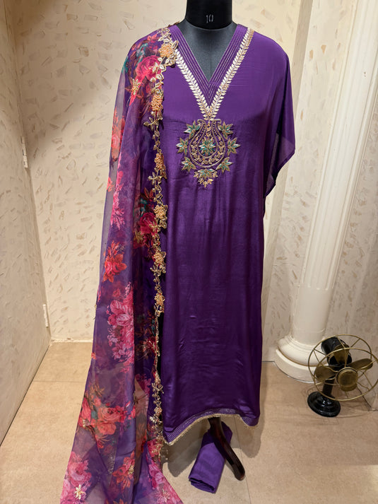 Pure Crepe embroidered v neck suit set