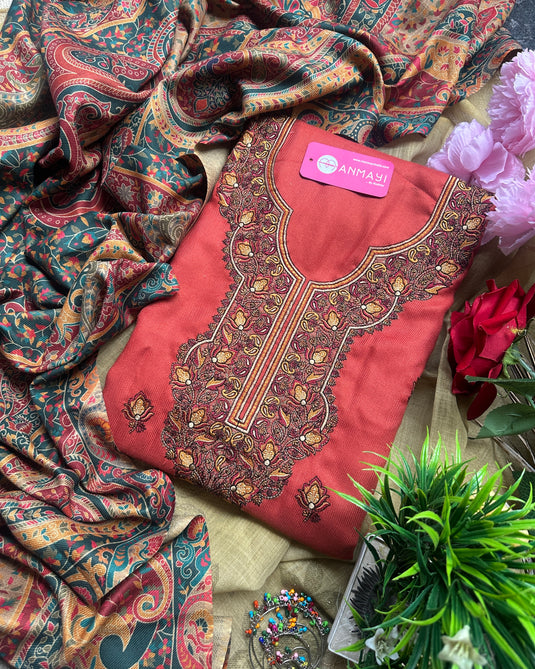 Kashmiri work woollen suits with printed shawls
