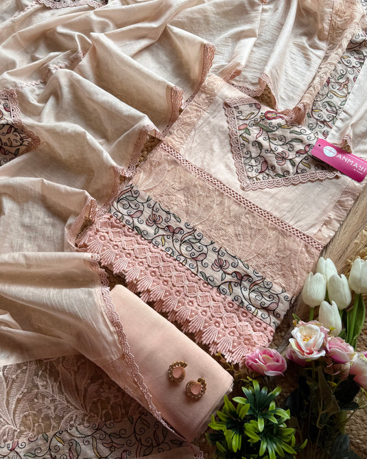 Rhombus embroidered patch Mul Chanderi suit set
