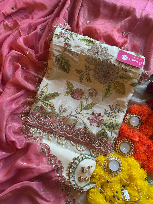Printed highlighted shimmer silk suit sets with pearl tassels and combination dupatta