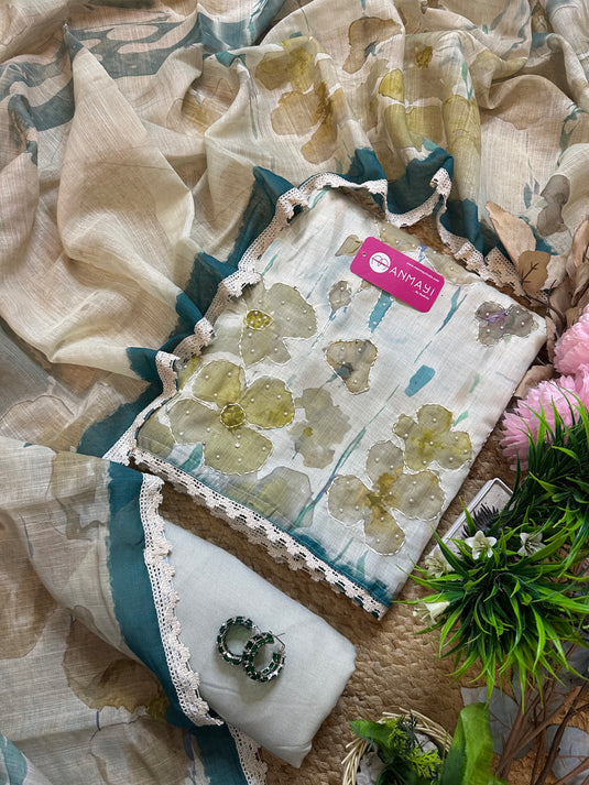 Linen cotton flow paint pearl work suit set