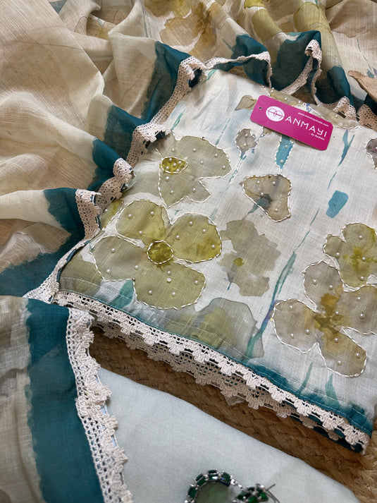 Linen cotton flow paint pearl work suit set