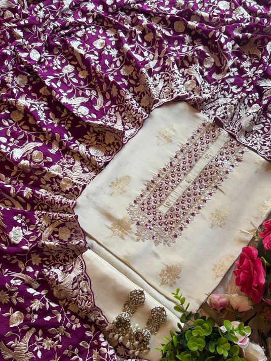 Ivory pure silk set with Georgette Parsi dupatta