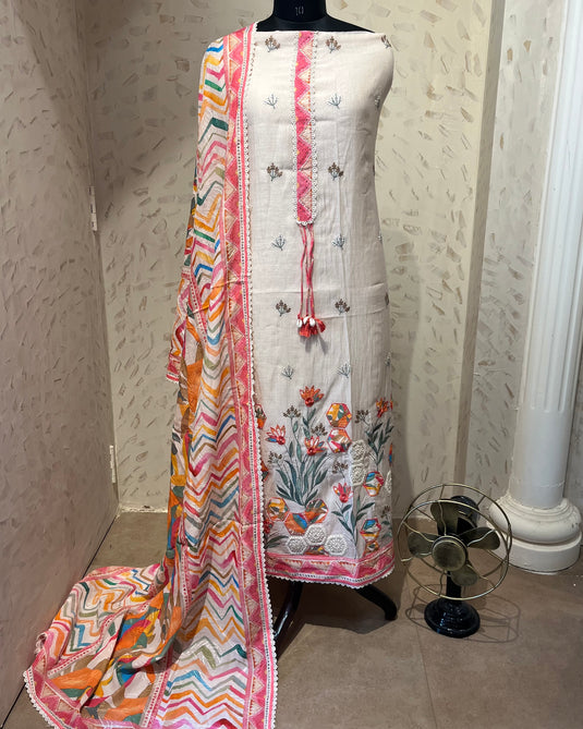 Appliqué work pure mul suits with colour digital print self dupatta
