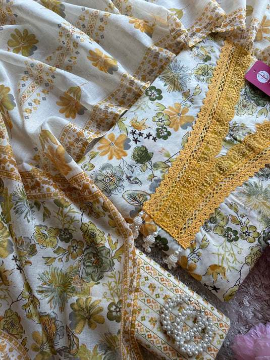 Crochet lace pure cotton cream base floral suit set with tassels