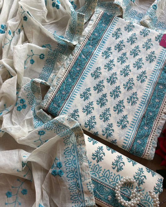 Panel block print suit embroidered suit with embroidered cotton dupatta