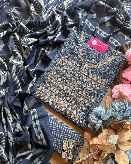 Printed cambric cotton suit with real mirror work