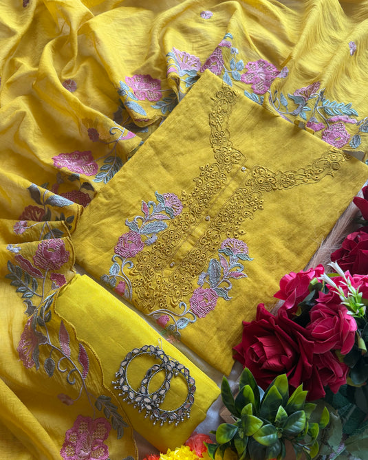 Running stem neck work Mul Chanderi suit set