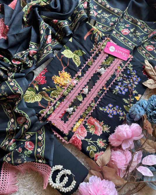 Printed floral flowy cotton suit with fringe laces detail