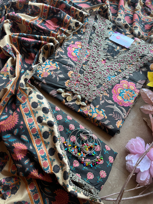 Crochet work pure cotton floral suit set with cotton dupattas
