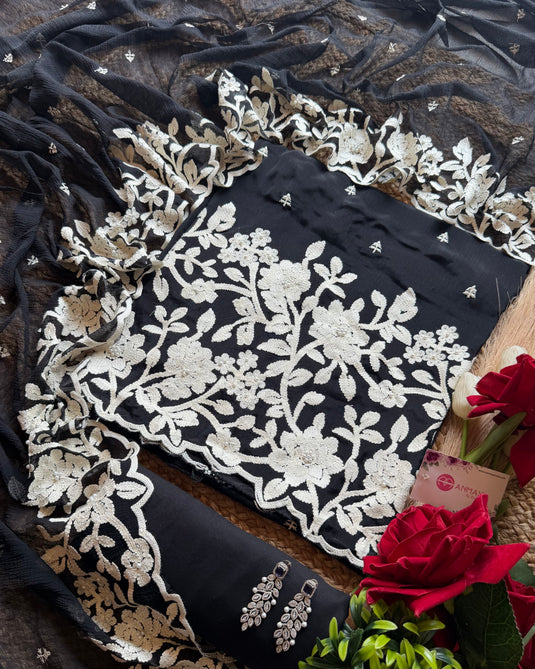 Pakistani patterned aari work black fine chinnon suit set