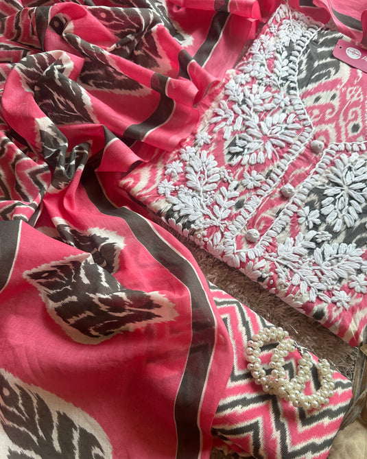 Ikkat print chikan neck soft cotton suit set
