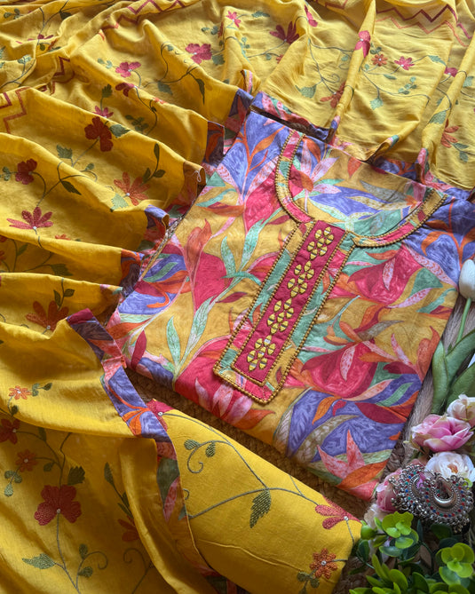 Leafy bold pure cotton Pakistani suit set with embroidered Salwar and dupatta