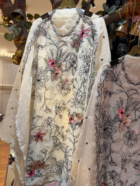 Organza Pakistani suit set with machine embroidered work and shimmer effect