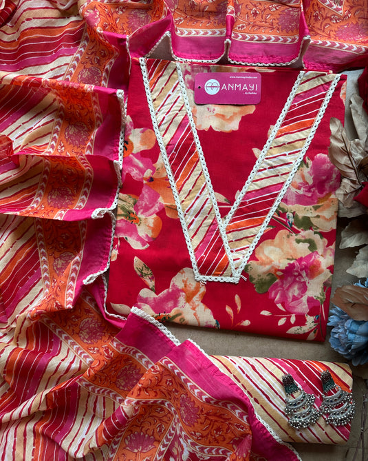 V neck printed floral suit set with print cotton salwar