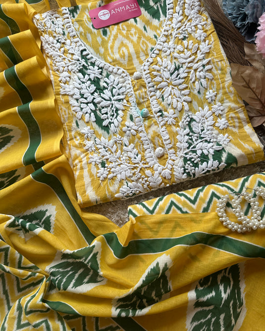Ikkat print chikan neck soft cotton suit set