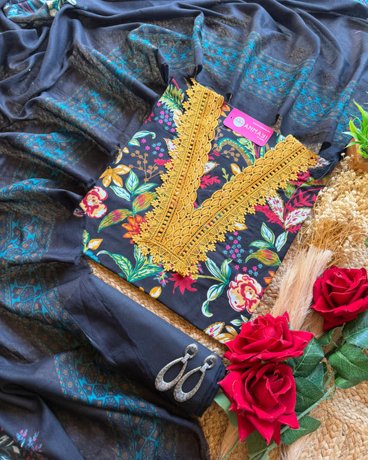 Floral V neck Pakistani Cambric cotton suit set