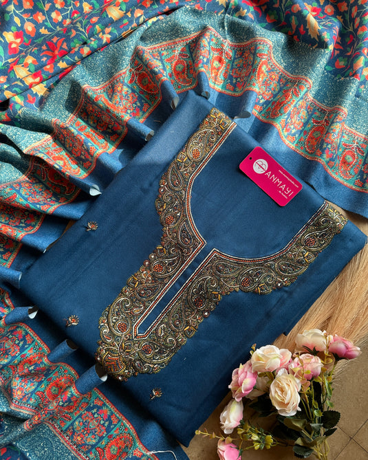 Aari work woollen suit set with highlighted