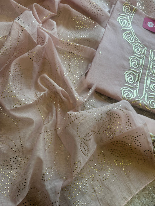 Pita Work mul chanderi pastel suit set by