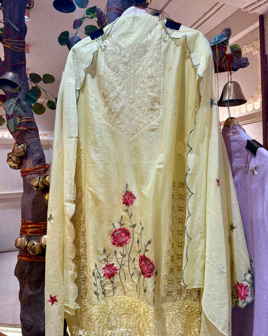 Pakistani Crochet Cutwork detailed Mul Chanderi suit with shimmer effect