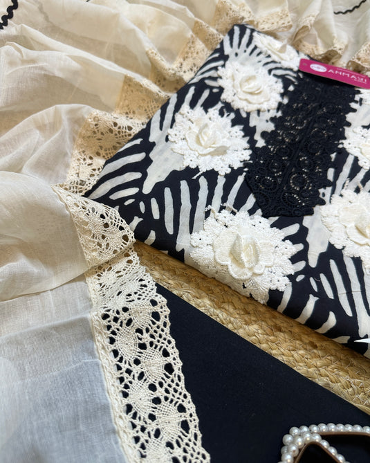 Abstract print crochet 3D neck cotton suit set