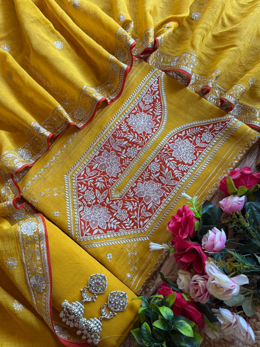 Zari dori coloured patch pure mul cotton suit set