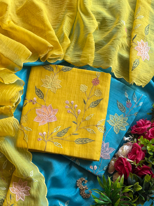 Appliqué work pure mul chanderi suit set