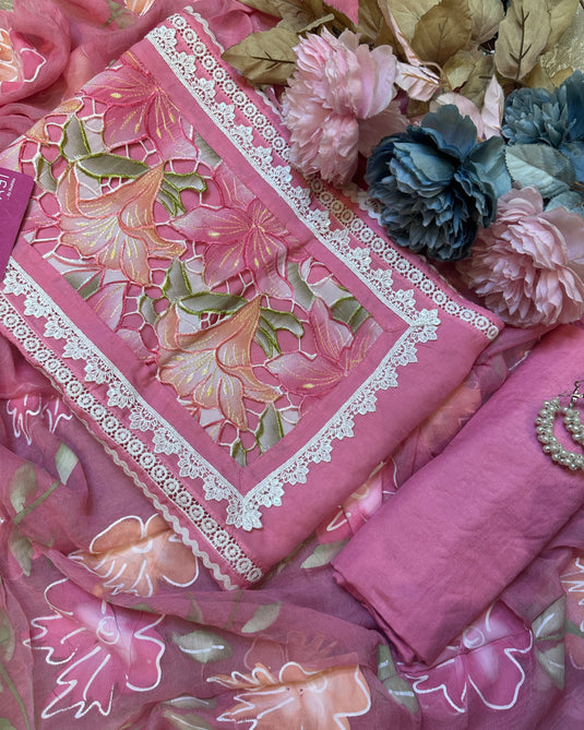 Coloured crochet patch work pure organza suits with handpaint dupatta