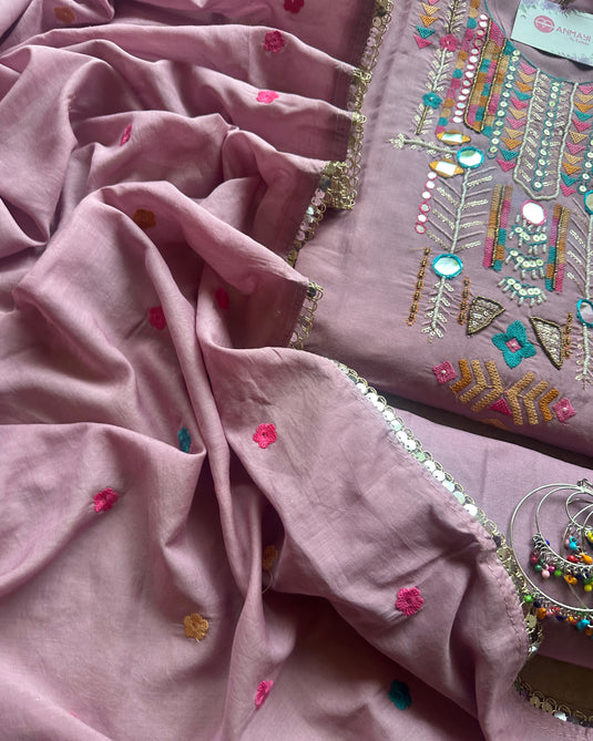 Boho looks mirror work mul chanderi suit set