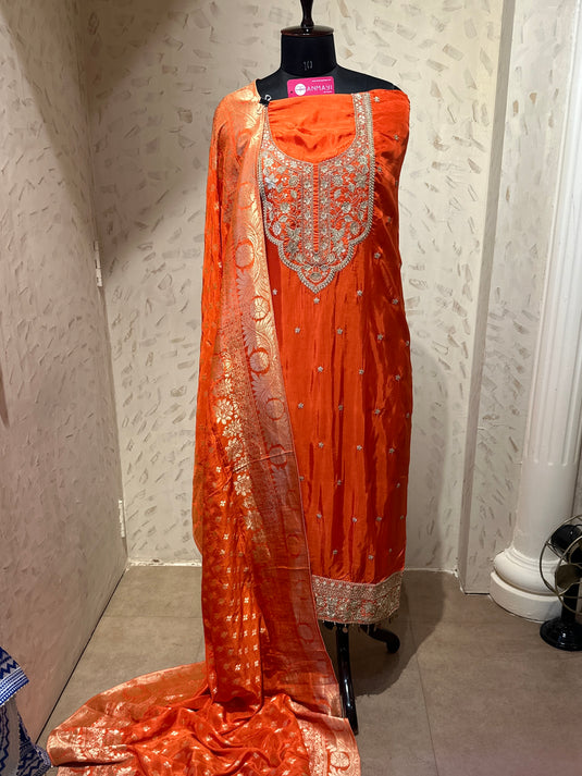 Royal intricate dori work neck muslin suit set with banarasi dupatta