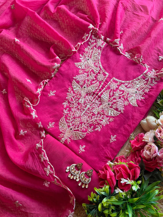 Flying bird pearl work Mul Chanderi suit set
