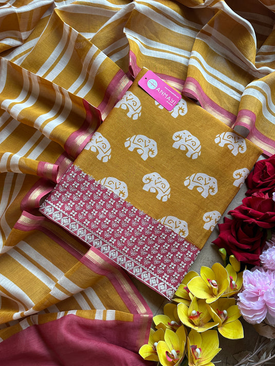 Block print pure 70 gms Chanderi suit set with embroidered borders