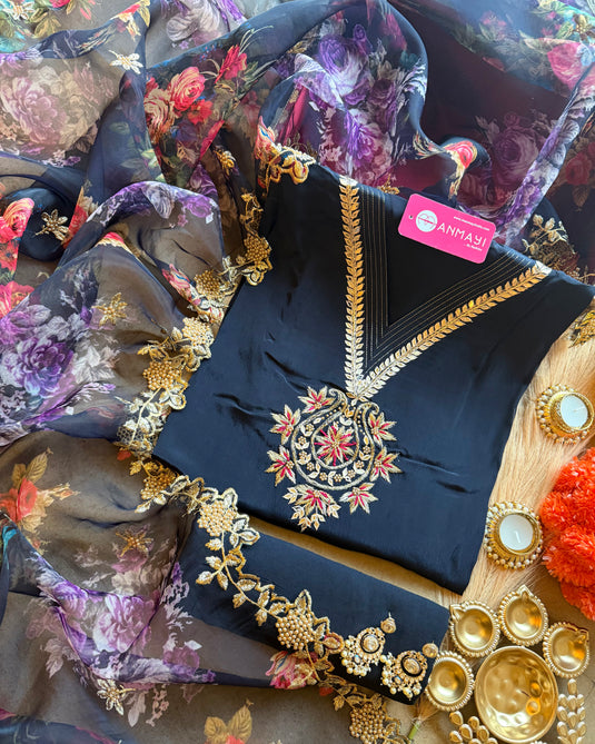 Pure Crepe embroidered v neck suit set