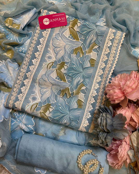 Coloured crochet patch work pure organza suits with handpaint dupatta