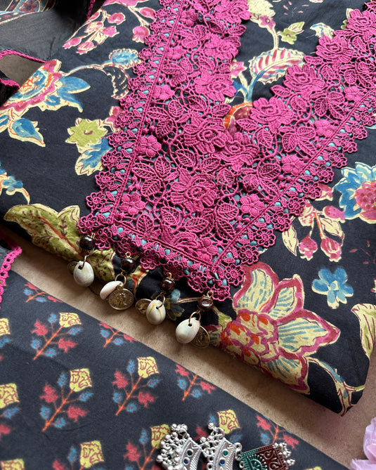 Floral cottons crochet v neck pure cotton suit set