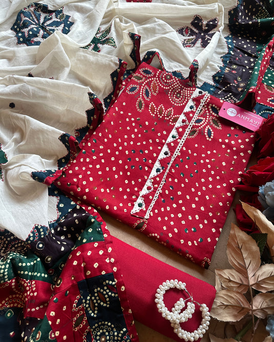 Bandhani printed jaam cotton suit set with patch work dupatta