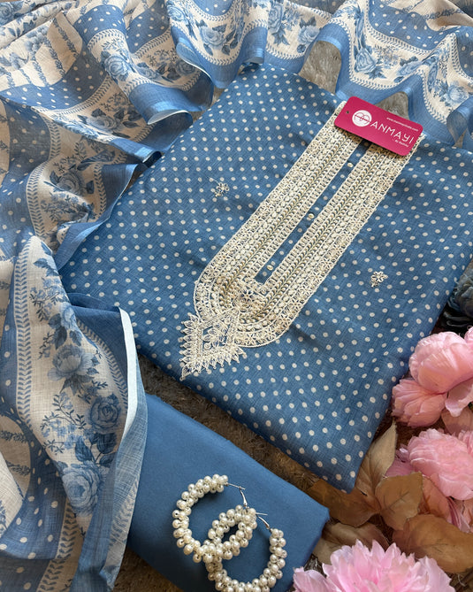 Polka dots printed linen suits with digital dupatta