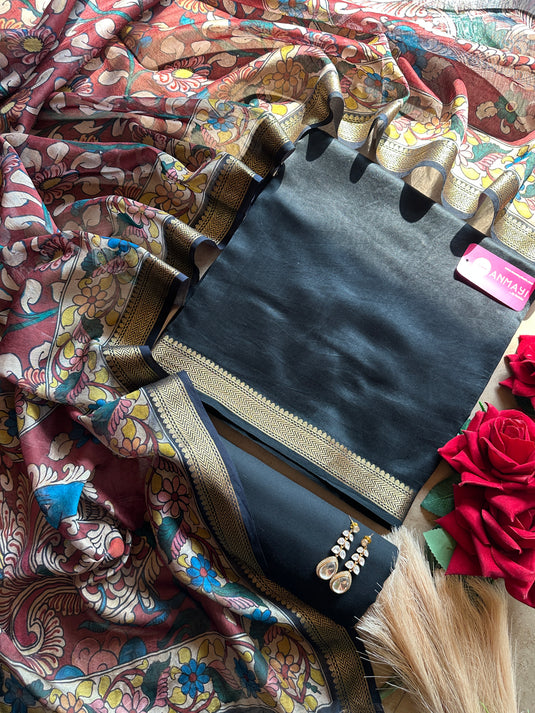 Pure Maheshwari silk south border suit set with kalamkari dupatta