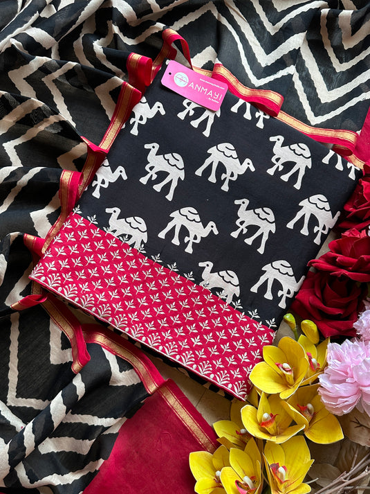 Block print pure 70 gms Chanderi suit set with embroidered borders