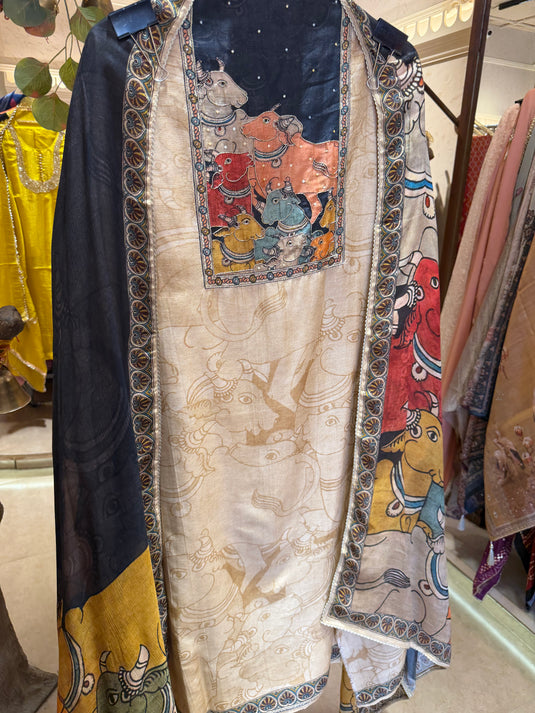 Pichwai beige black pure Maheshwari suit set with chinnon dupatta