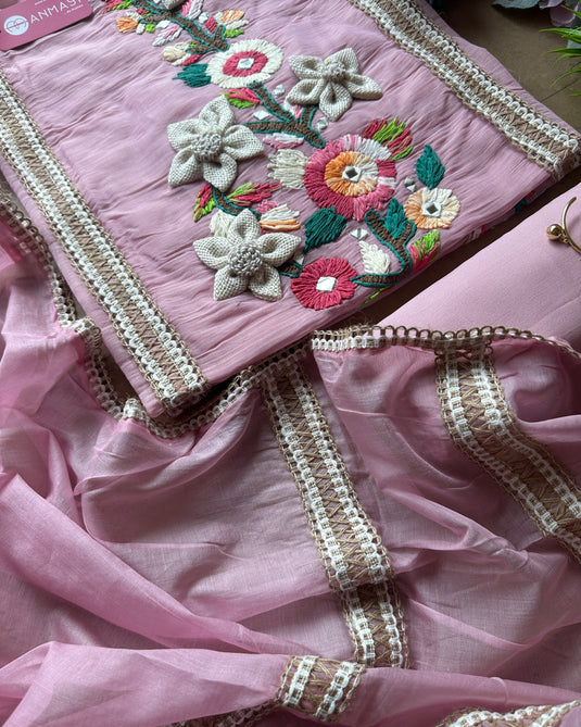 Pastel lace and wool mirror work Mul Chanderi suit set