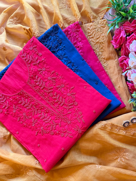 Festive shades pearl Lucknawi mul chanderi suit set