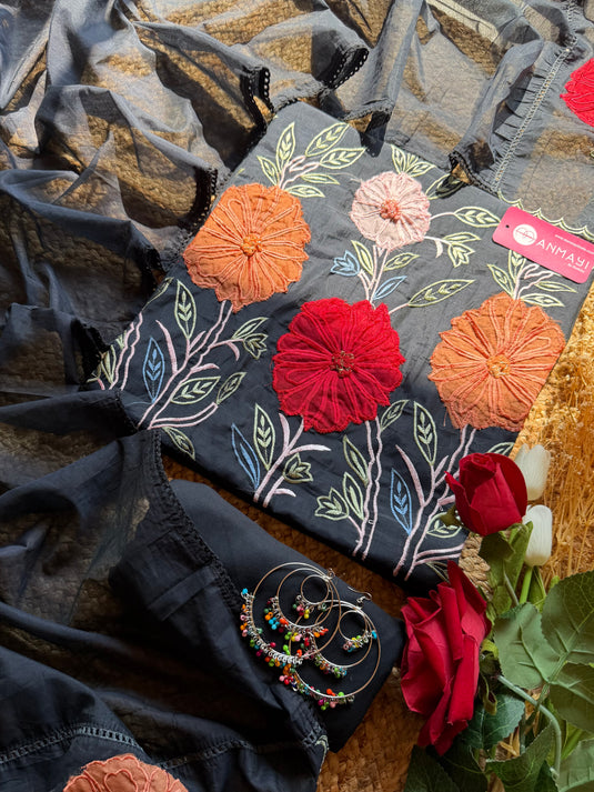 Coloured applique flower Mul Chanderi suit set