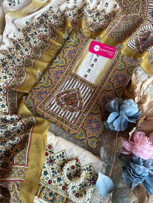 Arabic print cambric cotton suit set with embroidered bottom