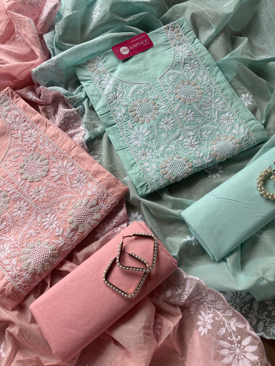 Cotton pastel Chikankari pearl neck suit set