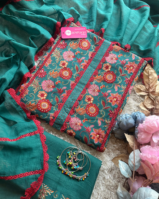 Cotton floral print lace work suit set