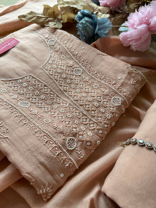Pastel pure Mul suit set with Chikankari pearl work