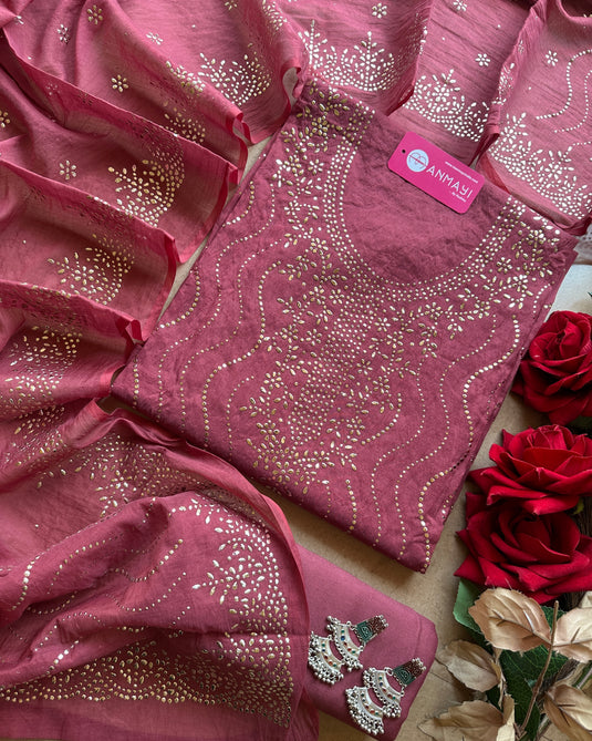 Spiral Mukaish work Mul Chanderi suit set