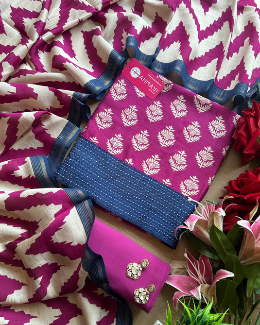 Pure Modals block print suit set with stripes dupatta and cotton bottom