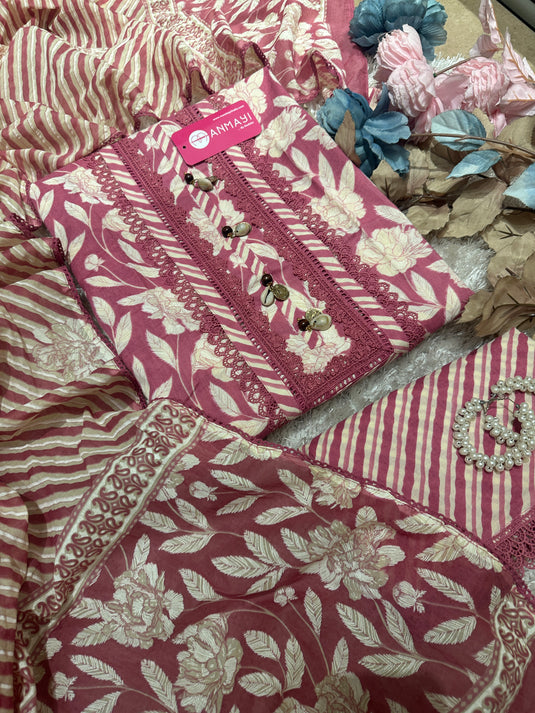 Patterned garden pure cotton suit set with shell neck